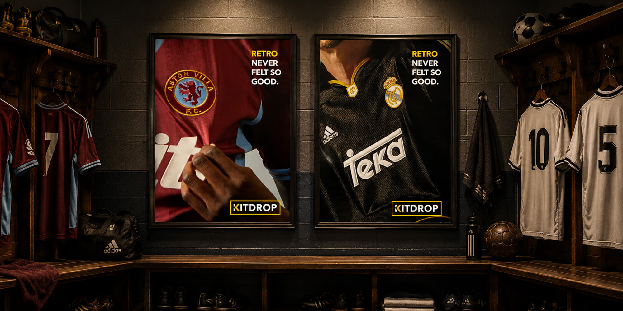 KitDrop vintage football shirt posters in a dressing room