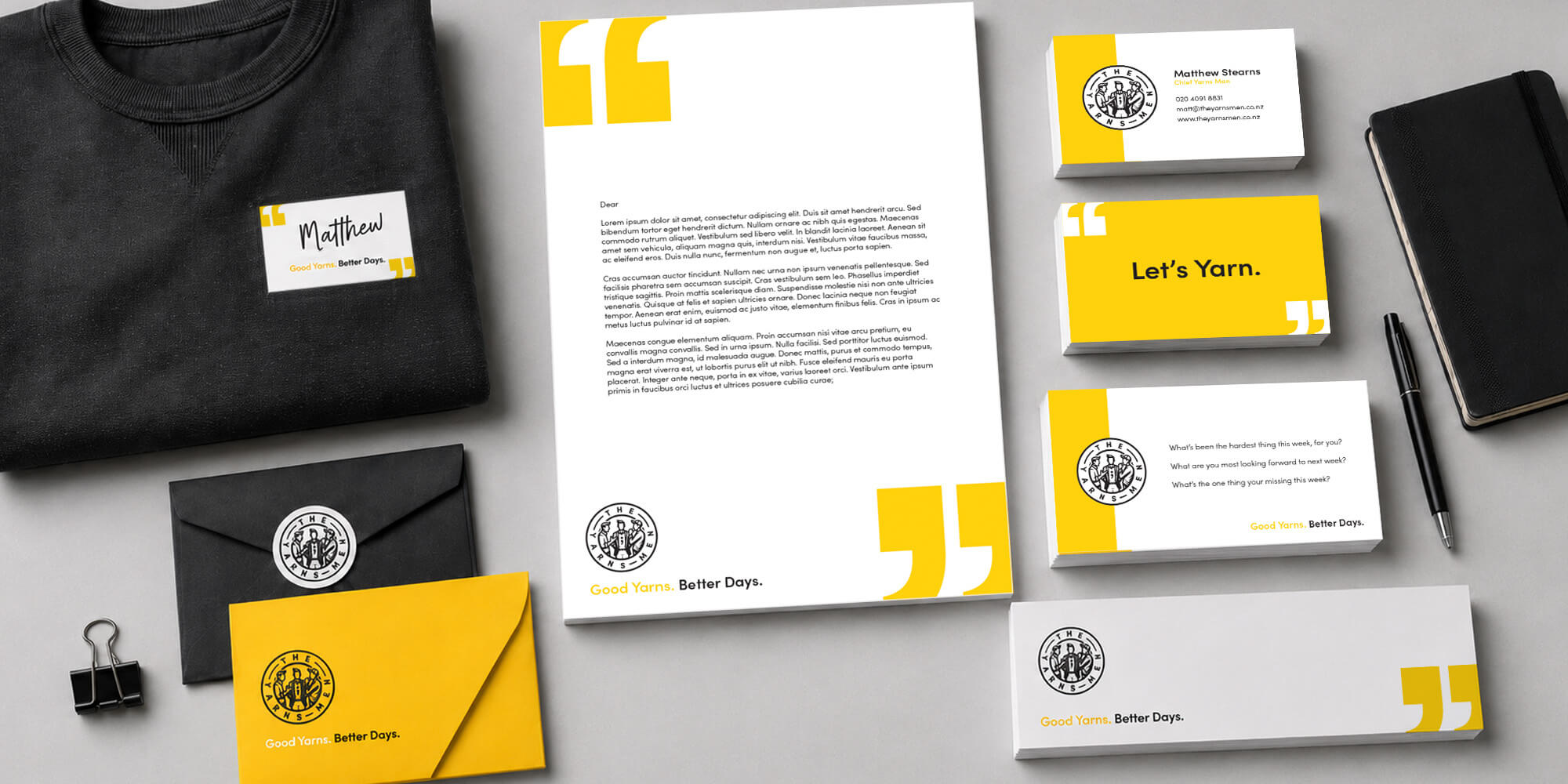 The Yarnsmen identity across stationery and apparel