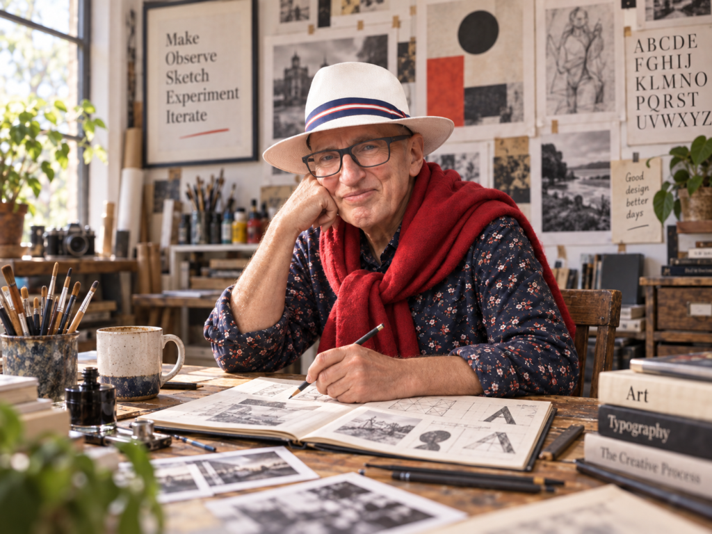 Design tutor in a hat sketching at a studio desk