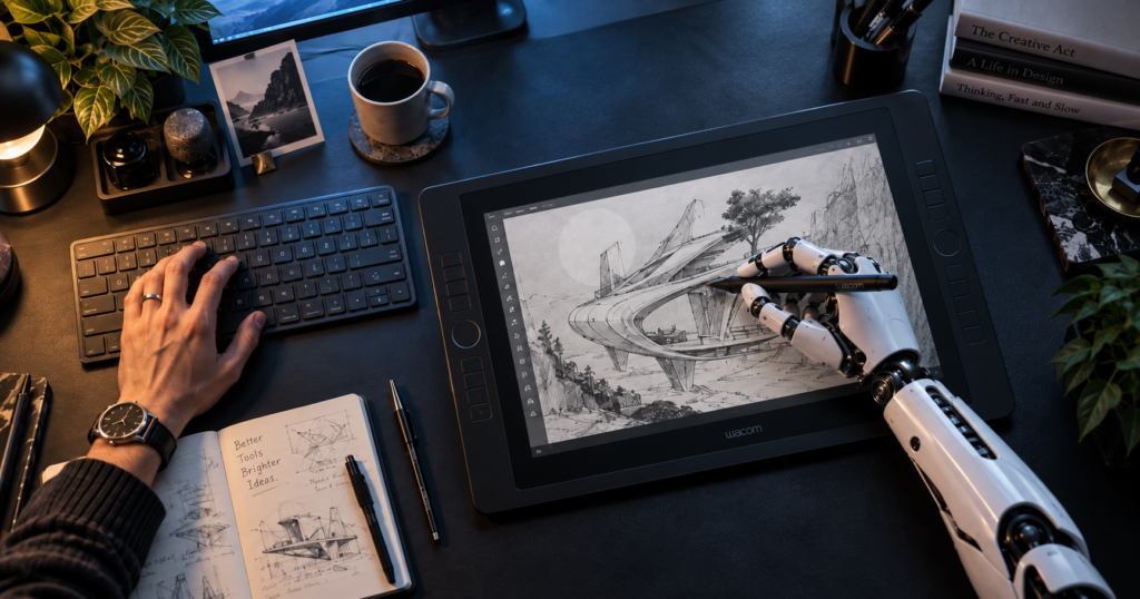 Human and robotic hands working on a digital drawing tablet