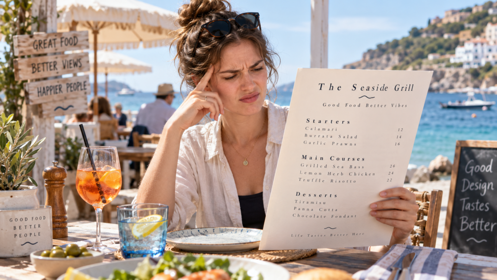 Graphic designer reading a badly kerned restaurant menu at a beachside restaurant on a summer day