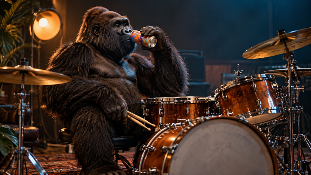 A gorilla at a drum kit drinking a colourful craft beer, illustrating a blog post about memorable design