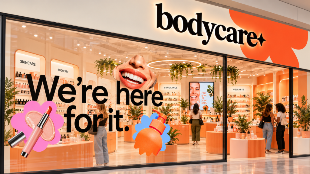 Bodycare storefront with the new orange and cream brand identity and social-first retail graphics.